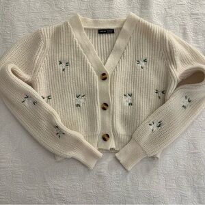 SHEIN Cream Cardigan with Green Embroidery